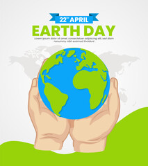 Happy Earth Day banner with hands holding globe. Save our planet. Flat style illustration banner background