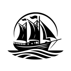 Monochromatic depiction of a sailing ship on stylized waves, within a circular frame, evoking nautical themes.