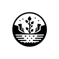 Stylized Black and White Circle Logo Depicting a Sprout Emerging from Soil, Framed by Two Hands and a Starry Sky, Symbolizing Growth and Nature.