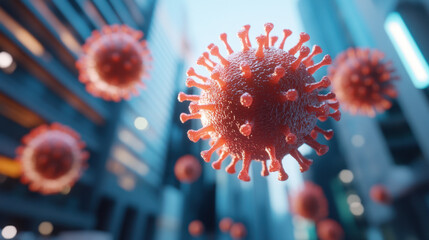 image depicts digital representation of viruses floating urban environment, showcasing blend of technology and health concerns. vibrant colors and detailed structure evoke sense of urgency