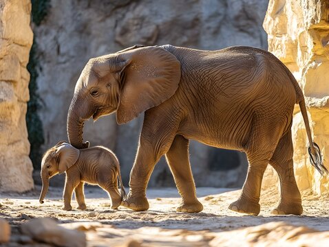 A protective mother African elephant gently guides her adorable baby calf along a dusty path in a rocky enclosure.
