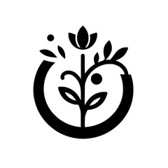 Elegant Black & White Floral Emblem: A stylized flower and foliage design enclosed within a partial circular frame, symbolizing growth and nature.