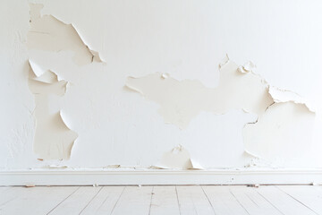 Peeling paint on white interior wall reveals damage and wear, creating distressed look that evokes sense of neglect and age. floor is wooden, adding to overall aesthetic
