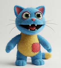 Plush cat toy with large green eyes, open mouth displaying teeth. Fluffy texture, on white background.