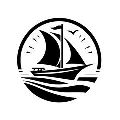 Stylized Black & White Nautical Emblem: A Sailing Ship on Wavy Seas Inside a Circle with Sun & Birds.