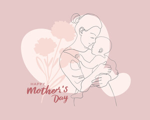 Mother's Day card design in a hand-drawn line art style, featuring a mother gently embracing her child, adorned with carnations and hearts.