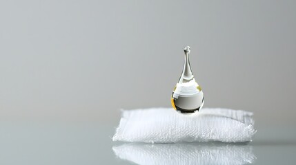 A single clear water droplet resting on a white sterile medical gauze pad symbolizing purity cleanliness and the importance of healthcare and medical supplies