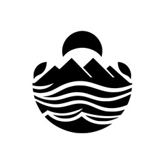 A minimalist black and white logo featuring stylized mountains and water with a rising sun or moon above.