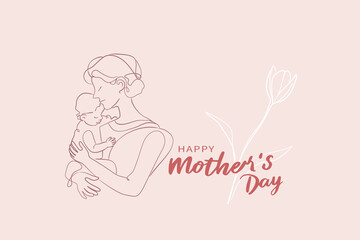 A minimalist Mother's Day design in an elegant line art style, depicting a mother gently embracing her child, adorned with tulips. Vector illustration.