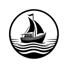 Black and White Nautical Logo: Sailing Boat on Wavy Sea, Inside Circular Frame with Simplified Aesthetic.