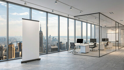 Modern Office Space with City Skyline View and Blank Roll-Up Banner