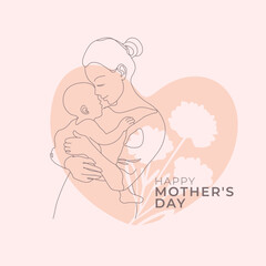 Mother's Day card design in a hand drawn line art style, featuring a mother gently embracing her child, adorned with carnations and hearts.