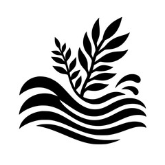 Naklejka premium Silhouette of Lush Foliage Erupting from Stylized Waves, Black and White Illustration on White Background.