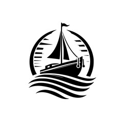 Stylized monochrome nautical emblem featuring a sailboat sailing on waves within a circular frame, conveying a sense of serenity and adventure.