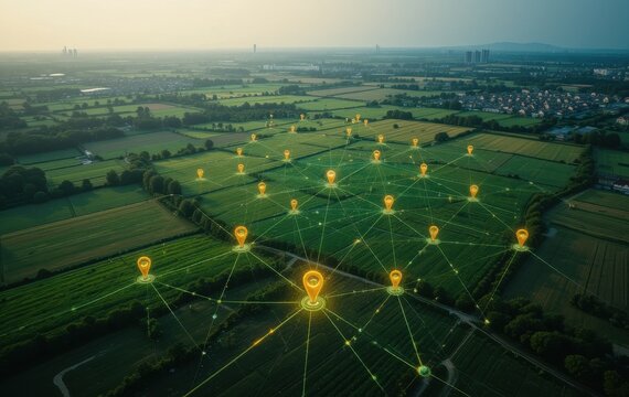 Smart Farming Technology Aerial View Green Fields GPS Network Map Data Drone Rural Growth Modern    