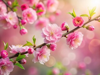 Obraz premium Blooming Pink Artificial Flowers Branch, Copy Space Left, Spring Decoration