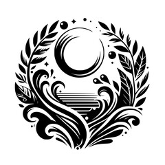 Elegant Black & White Circular Design: A Stylized Ocean Scene with Moon, Waves, and Foliage, Evoking Serenity and Nature's Beauty.