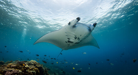 Naklejka premium The Giant Manta Ray Gliding Over a Coral Reef