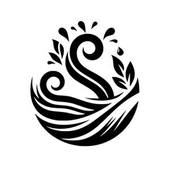 Monochrome artistic logo design featuring stylized water elements, waves, leaves, and splashes, creating a dynamic and organic composition within an egg-shaped form.