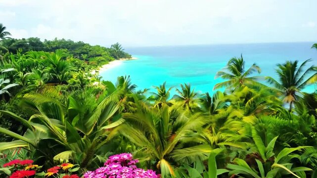 Stunning view of tropical beach with lush palm trees and turquoise ocean opens behind wooden shutters