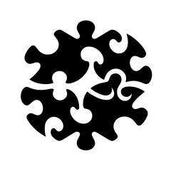 Abstract Monochrome Puzzle Arrangement, Featuring Interlocking Jigsaw Pieces in a Circular Composition on a White Background.