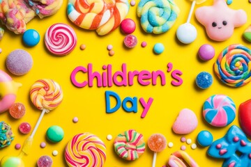 On a yellow background, sweets and chocolates celebrate a joyful children's day