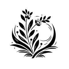 A stylized, minimalist monochrome botanical illustration, featuring delicate floral branches and leaves within an encompassing circle, set against a clean white backdrop.