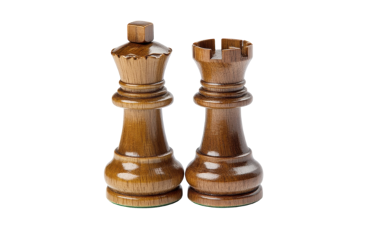 Intricate wooden king and rook chess pieces crafted with elegance and attention to detail isolated on transparent background