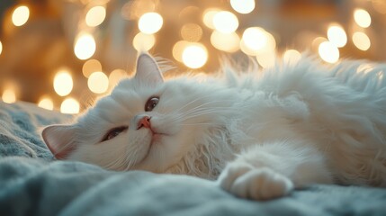 Fluffy White Cat Relaxing on a Bed with Bokeh Lights