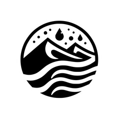 Circular monochrome logo showcasing mountain peaks, flowing water, and raindrops, suggesting a natural environment with clean lines and a minimalist style.