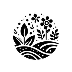 Black and white circular minimalist illustration of a whimsical garden scene, featuring stylized flowers, foliage, and rolling hills.