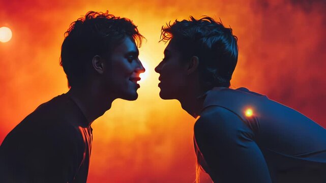 Intense silhouette interaction under vibrant orange light with futuristic vibe