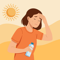 illustration of a woman suffering from extreme heat under the sun, and is sweating profusely. wiping her forehead with one hand while holding a water bottle in the other. 