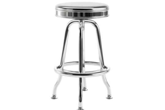A sleek metallic bar stool shines under the warm light in a cozy café setting isolated on transparent background