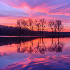 Fototapeta premium Tranquil Sunset Reflecting on Serene Lake with Silhouetted Trees in the Horizon