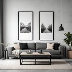 Modern Living Room Interior with Black and White Landscape Prints