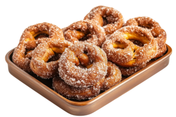 Sweet sugar-coated pretzels in a wooden tray ready to enjoy on a bright surface isolated on transparent background