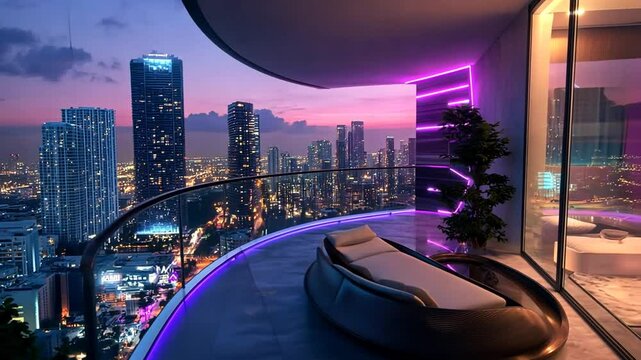 Cityscape panorama from high-rise balcony with futuristic lighting at twilight atmosphere