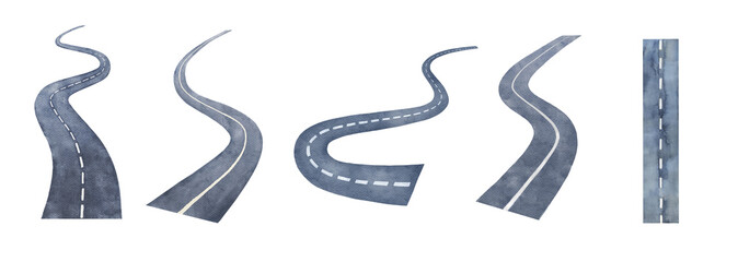 Watercolor street road, clipart, highway hand drawn illustrations set on white background