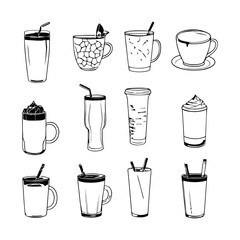 minimalistic black and white vector illustration of a cocktail shaker, drinks, and garnishes in a stylish hand-drawn outline on a clean white background.