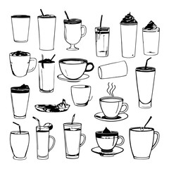 black and white vector silhouette of a collection of alcoholic and non-alcoholic beverages in different glassware on a white background