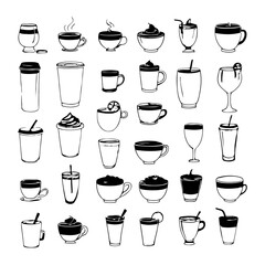 black and white vector silhouette of a retro-style cocktail set with detailed hand-drawn elements on a white background