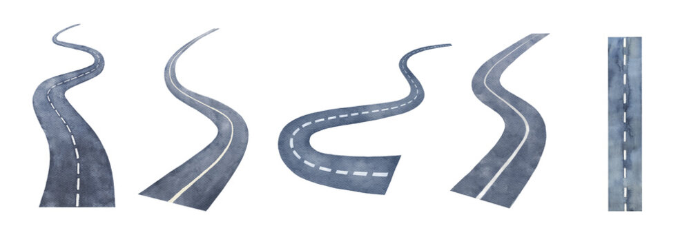 Watercolor street road, clipart, highway hand drawn illustrations set on white background
