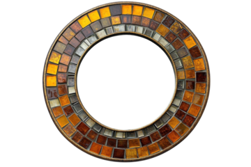 A vibrant circular mirror with a mosaic of warm colors reflecting light in a cozy room isolated on transparent background