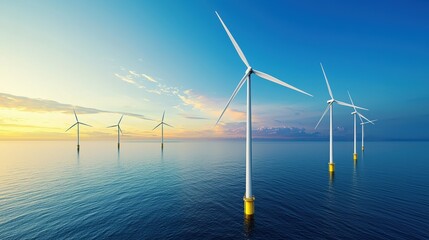 The image depicts a serene seascape with multiple wind turbines standing tall against a vibrant sunset, symbolizing renewable energy and sustainability, Green Technology.