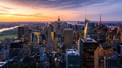 Obraz premium Magnificent skyline panorama of New York City at dusk with glowing skyscrapers