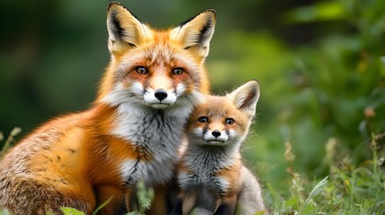 A beautiful red fox and her adorable kit fox snuggle together in a lush green forest environment.