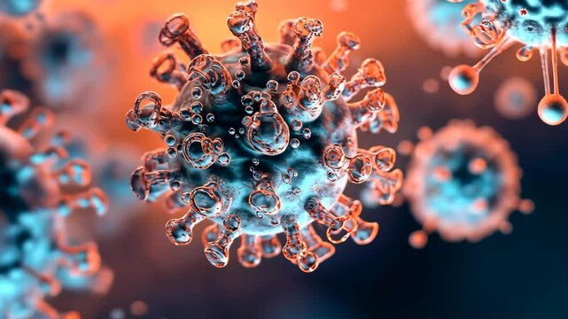 Microscopic view of a virus highlighting its intricate structure and surface features under high magnification