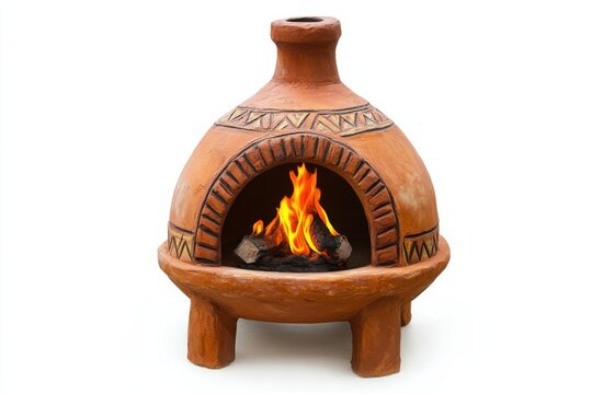 Traditional clay chiminea with fire burning brightly, showcasing craftsmanship at a cozy gathering isolated on transparent background