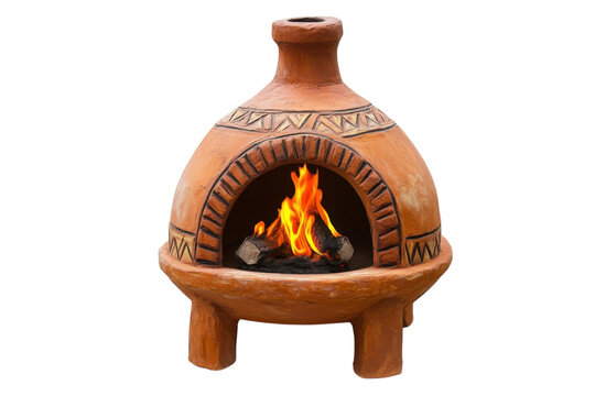 Traditional clay chiminea with fire burning brightly, showcasing craftsmanship at a cozy gathering isolated on transparent background